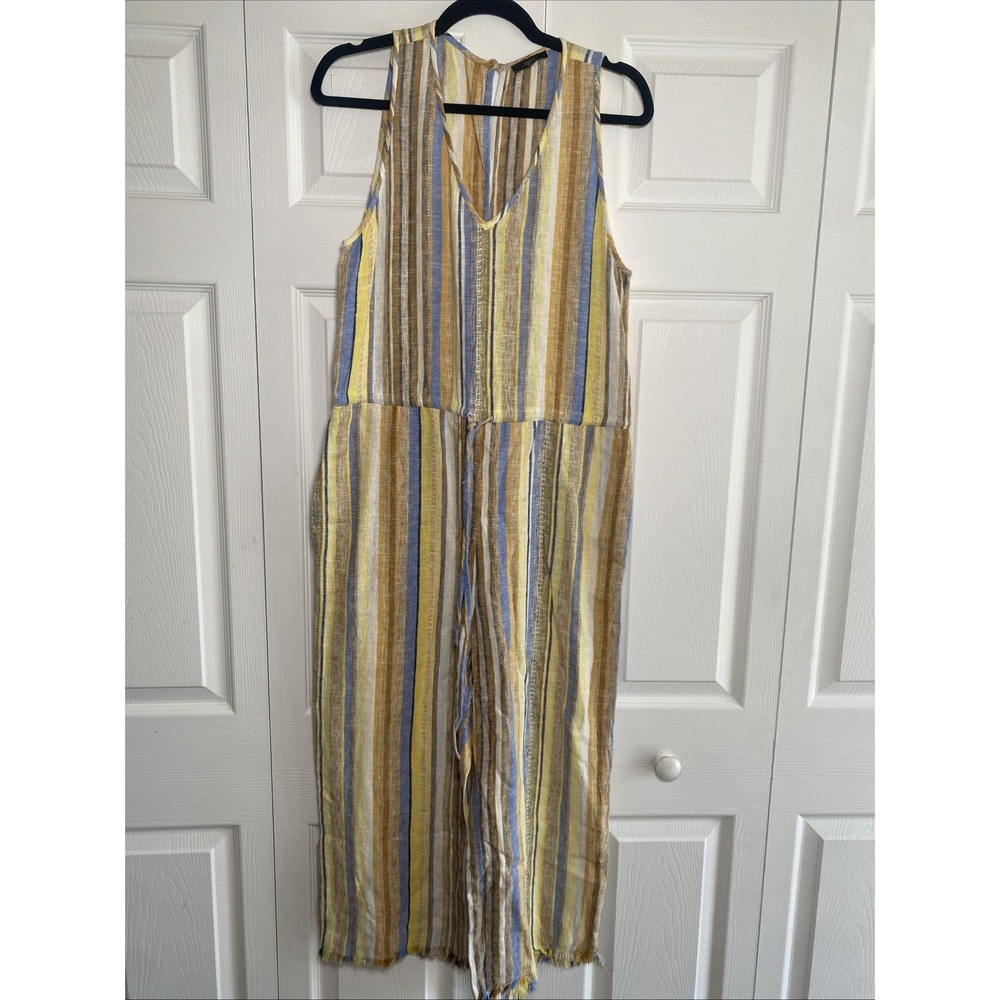 DREW Anthropologie Medium Lemon Cole Linen Yellow Striped Jumpsuit Raw Hem‎